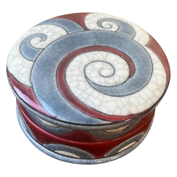 Art Deco Bonbonniere in Longwy Enamels - 1930 - Blue and Red Scroll Decor