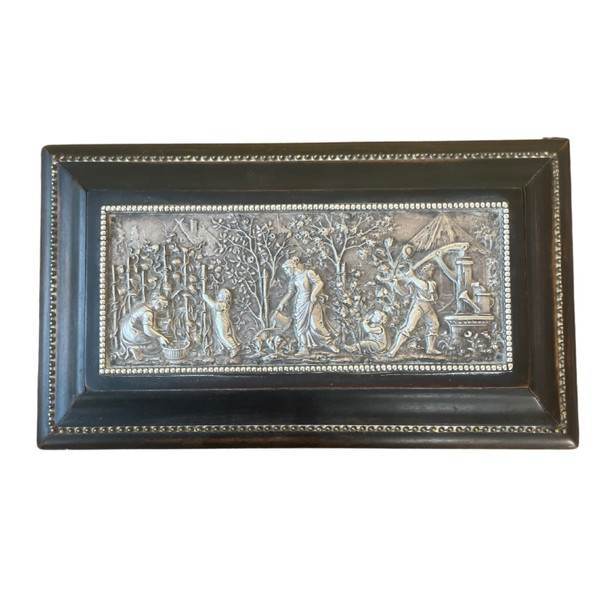 Ebony Box with Repoussé Silver Metal Plate - Representation of the 4 Seasons - 19th Century
