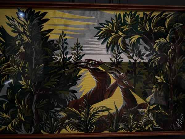 Tapestry on panel by Roga mid-20th century antelopes in the savannah