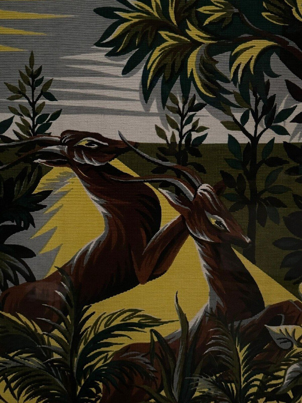Tapestry on panel by Roga mid-20th century antelopes in the savannah