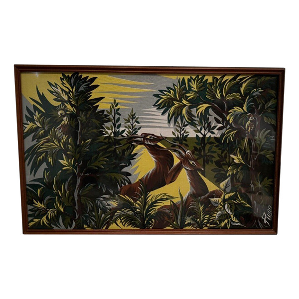 Tapestry on panel by Roga mid-20th century antelopes in the savannah