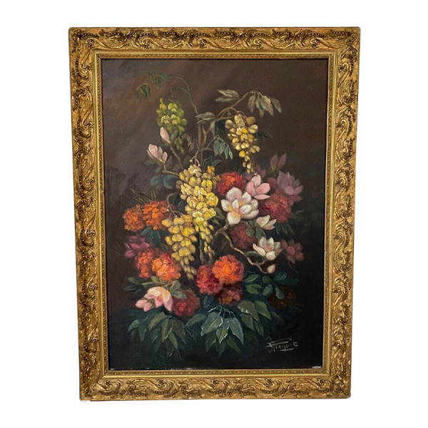 Huile sur toile par Picquet nature morte bouquet de fleurs 1930