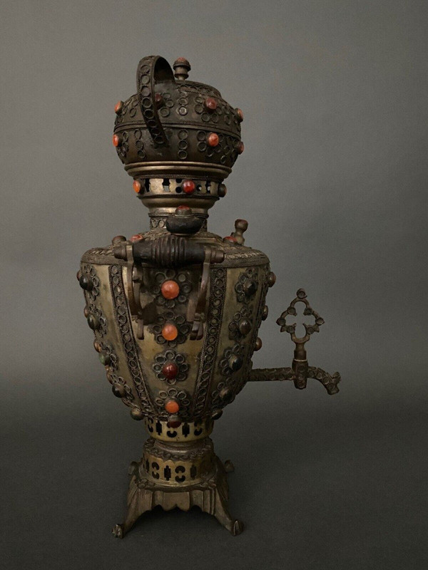 Samovar in brass copper Tibet XXth filigree with inlays