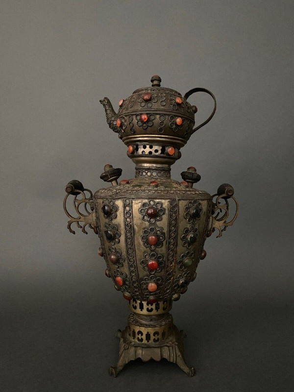 Samovar in brass copper Tibet XXth filigree with inlays