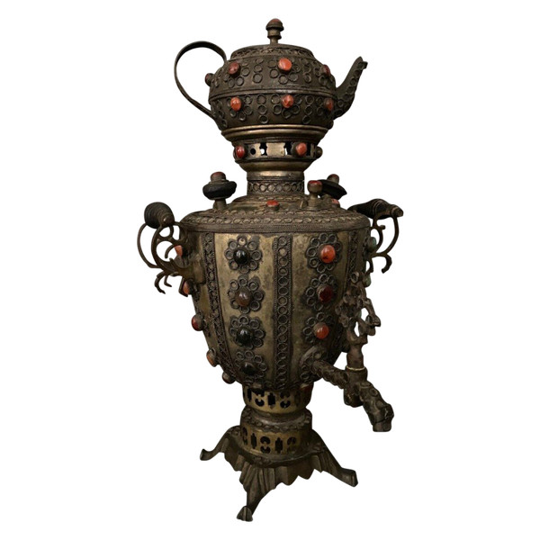 Samovar in brass copper Tibet XXth filigree with inlays