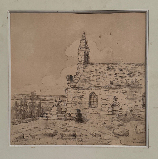 Dessin sur papier par Claude Jousset représentant une église bretonne XXe