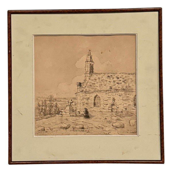 Dessin sur papier par Claude Jousset représentant une église bretonne XXe