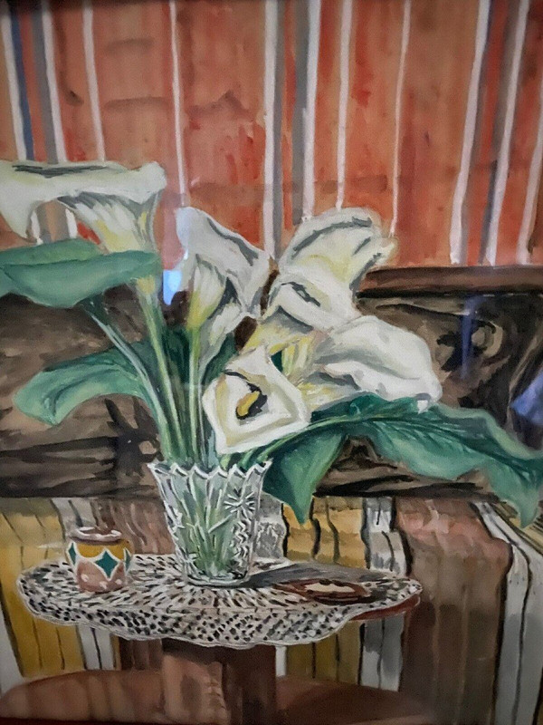 Aquarelle sur papier nature morte par Varnier cadre en bois naturel XXe