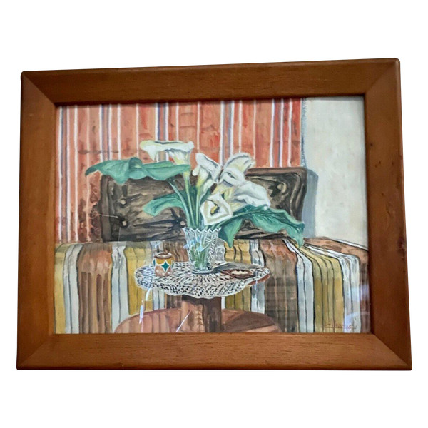 Aquarelle sur papier nature morte par Varnier cadre en bois naturel XXe