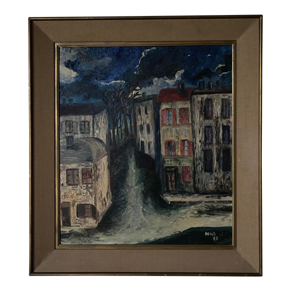 Huile sur panneau par Mick représentant une rue la nuit 1965
