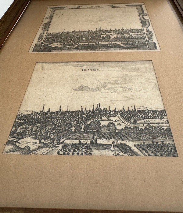 Deux gravures du XVIIIe représentant Rennes dans cadre baguette