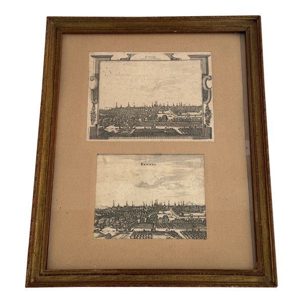 Deux gravures du XVIIIe représentant Rennes dans cadre baguette