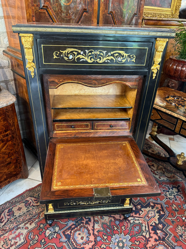 SECRETAIRE NAPOLEON III - XIXème en bois noirci et marqueterie de laiton