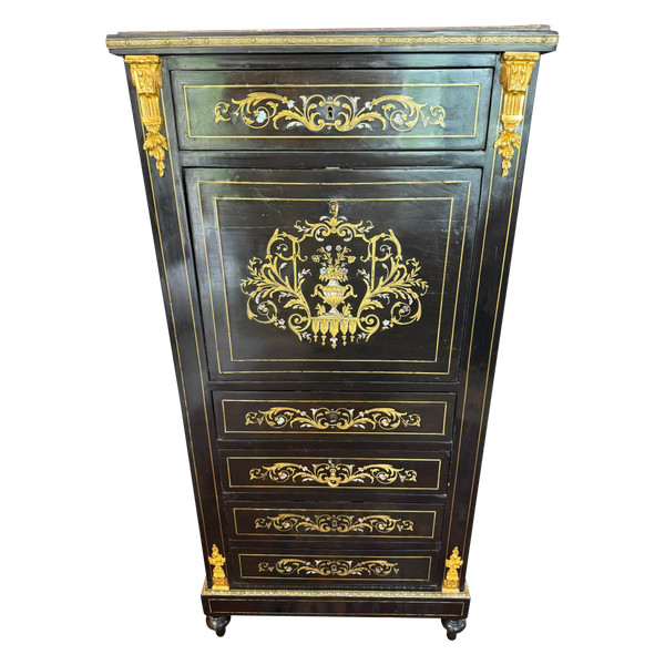 SECRETAIRE NAPOLEON III - XIXème en bois noirci et marqueterie de laiton