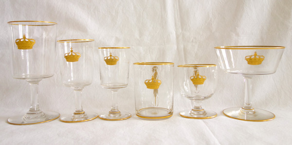 6-piece glassware set in engraved & gilded Baccarat crystal, royal crown, paper label