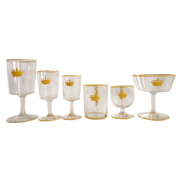 6-piece glassware set in engraved & gilded Baccarat crystal, royal crown, paper label