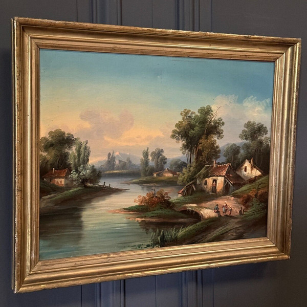 Huile sur toile paysage au bord d'un cours d'eau fin XIXe