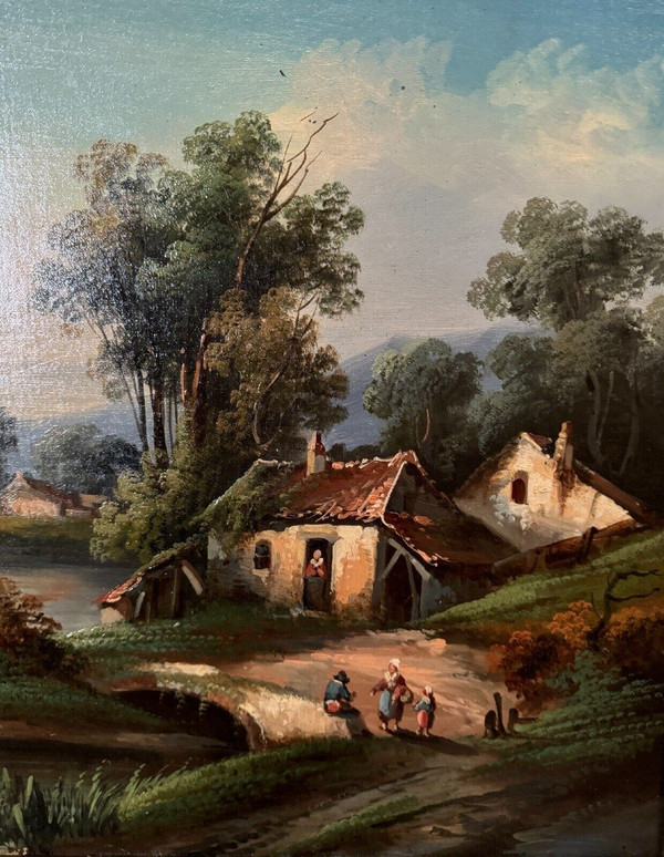 Huile sur toile paysage au bord d'un cours d'eau fin XIXe