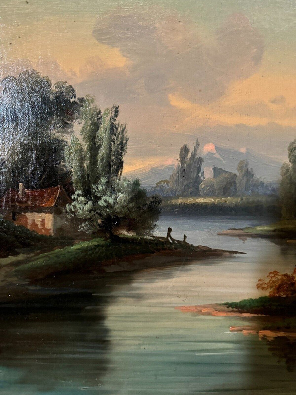 Huile sur toile paysage au bord d'un cours d'eau fin XIXe