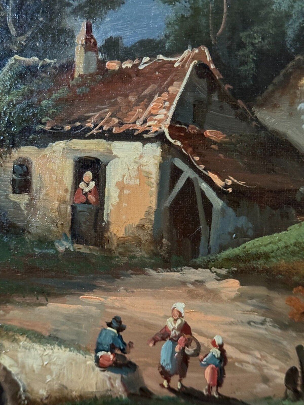 Huile sur toile paysage au bord d'un cours d'eau fin XIXe