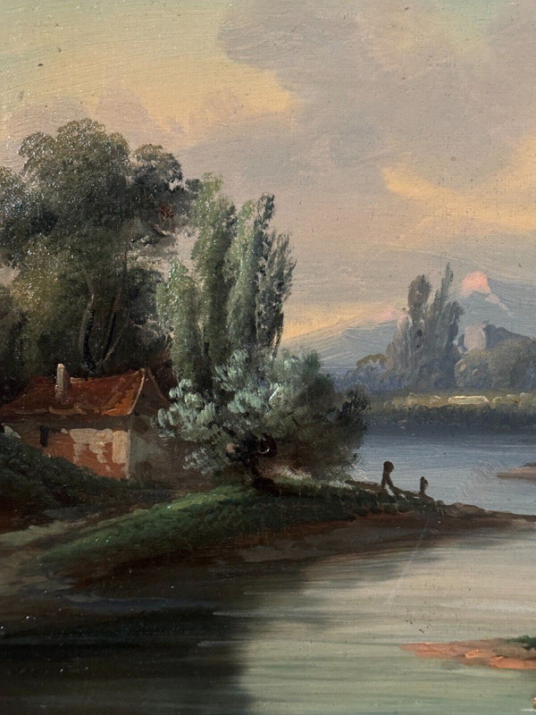 Huile sur toile paysage au bord d'un cours d'eau fin XIXe