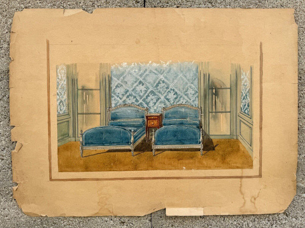Gouache-Schlafzimmer-Innendekorationsprojekt im Louis XVI-Stil des 20. Jahrhunderts