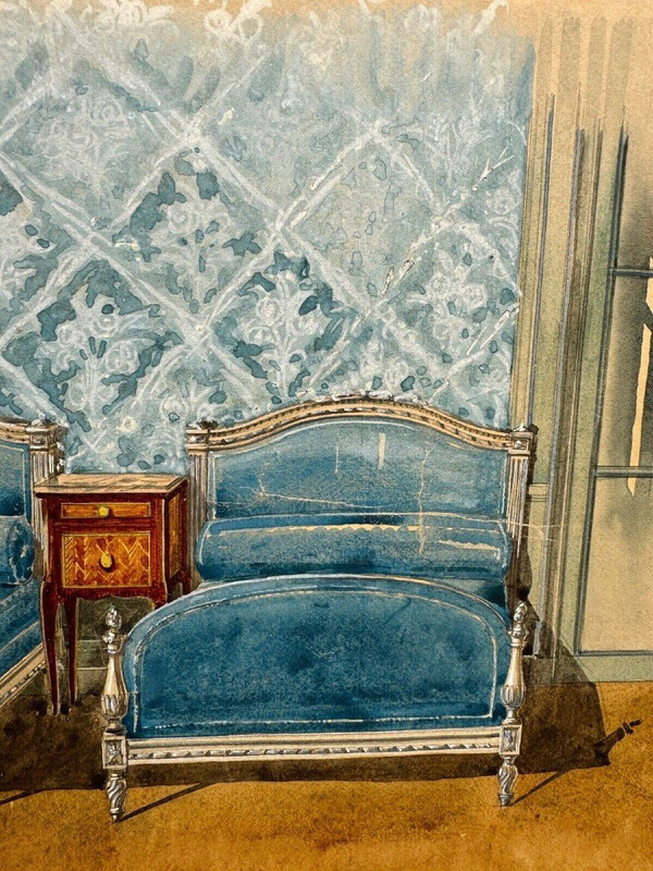 Gouache-Schlafzimmer-Innendekorationsprojekt im Louis XVI-Stil des 20. Jahrhunderts