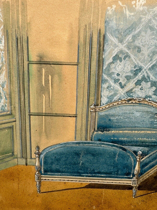 Gouache-Schlafzimmer-Innendekorationsprojekt im Louis XVI-Stil des 20. Jahrhunderts