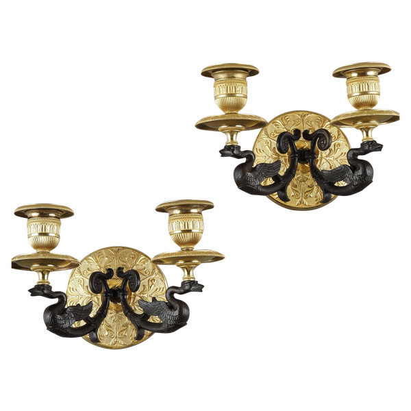 Small pair of two-light ormolu sconces with brown patina