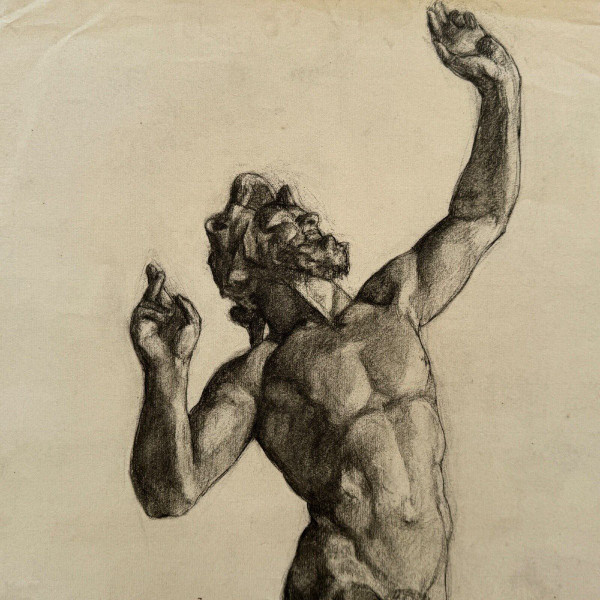 Academic nude in Antique style by Berger known as Lheureux Biloul charcoal 20th century