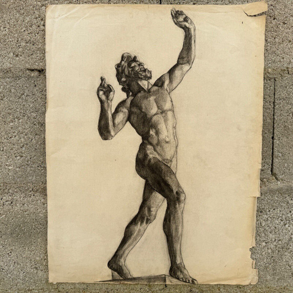 Academic nude in Antique style by Berger known as Lheureux Biloul charcoal 20th century