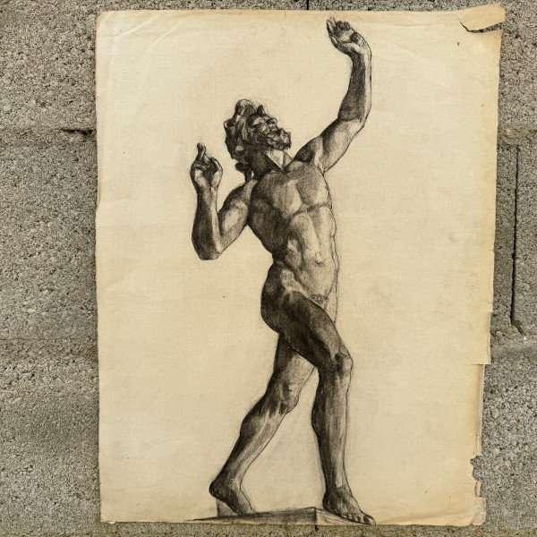 Academic nude in Antique style by Berger known as Lheureux Biloul charcoal 20th century