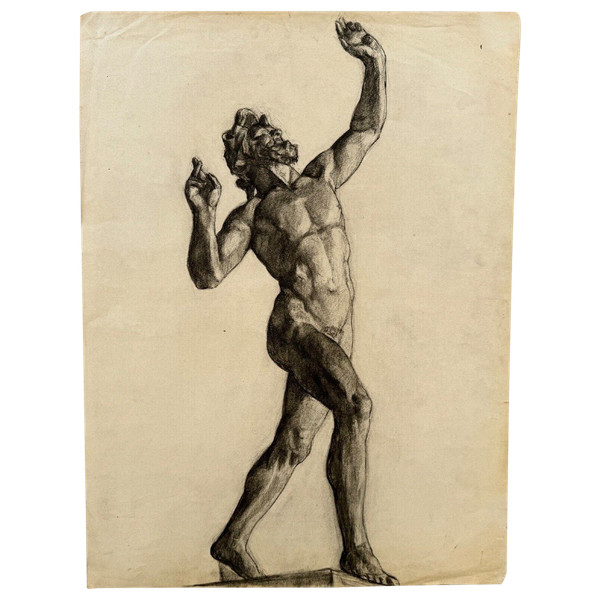 Academic nude in Antique style by Berger known as Lheureux Biloul charcoal 20th century