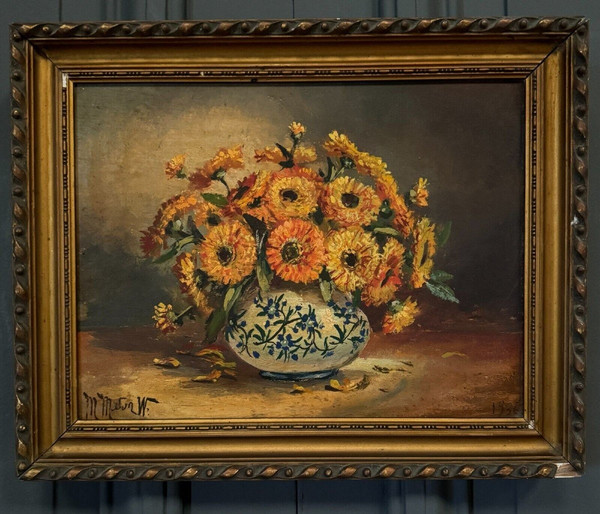 Öl auf Leinwand Stillleben Blumenstrauß 20. Jahrhundert M. Meton