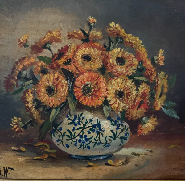 Öl auf Leinwand Stillleben Blumenstrauß 20. Jahrhundert M. Meton