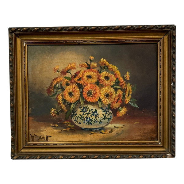 Öl auf Leinwand Stillleben Blumenstrauß 20. Jahrhundert M. Meton