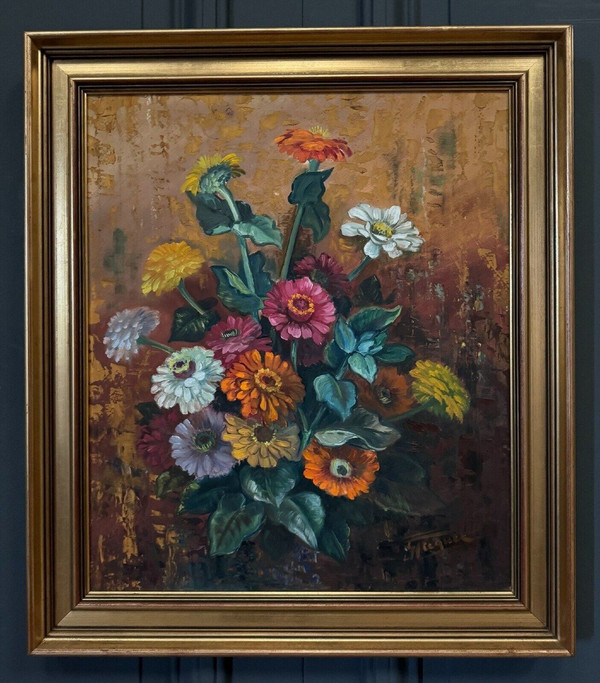 Olio su tavola di Picquet Natura morta mazzo di fiori XX secolo