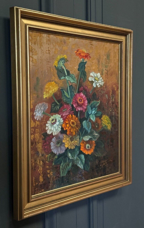Olio su tavola di Picquet Natura morta mazzo di fiori XX secolo