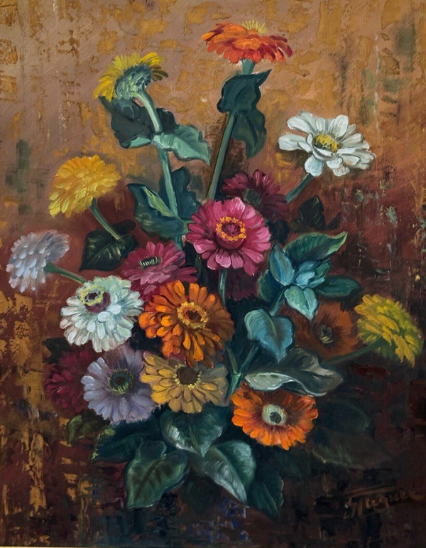 Olio su tavola di Picquet Natura morta mazzo di fiori XX secolo
