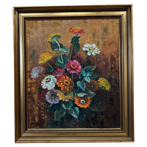 Olio su tavola di Picquet Natura morta mazzo di fiori XX secolo