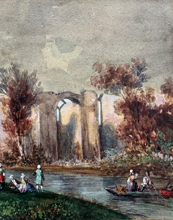 Aquarelle sur papier XIXe par Frédéric Legrip représentant un bord de canal