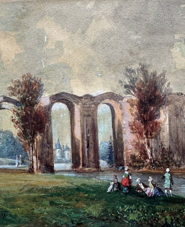 Aquarelle sur papier XIXe par Frédéric Legrip représentant un bord de canal