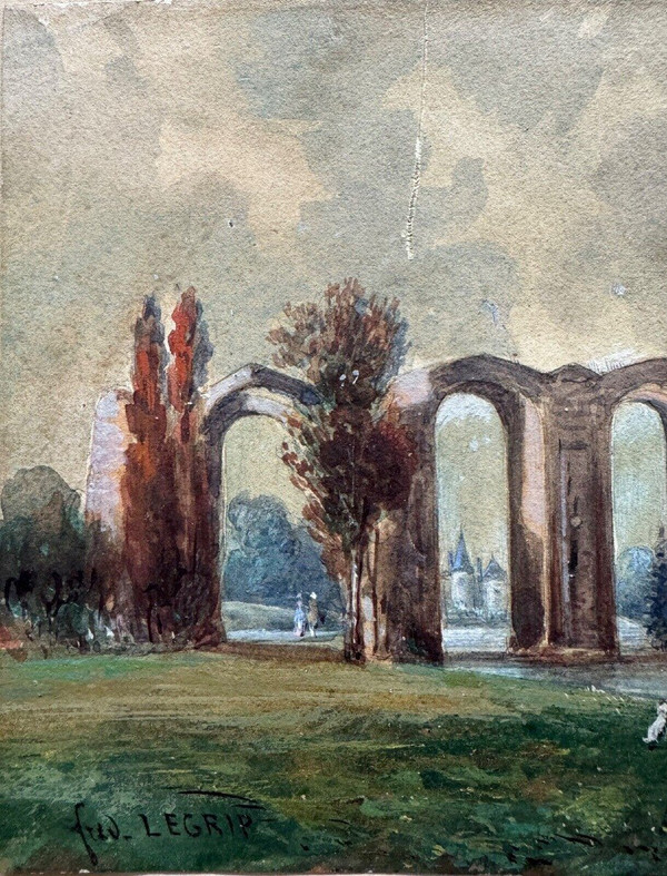 Aquarelle sur papier XIXe par Frédéric Legrip représentant un bord de canal