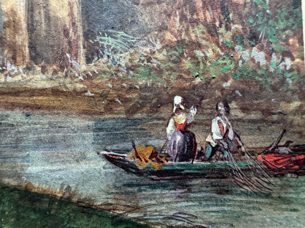 Aquarelle sur papier XIXe par Frédéric Legrip représentant un bord de canal