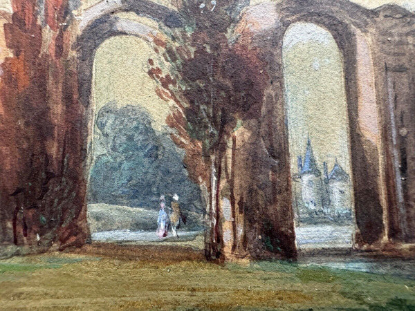 Aquarelle sur papier XIXe par Frédéric Legrip représentant un bord de canal