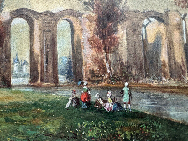 Aquarelle sur papier XIXe par Frédéric Legrip représentant un bord de canal