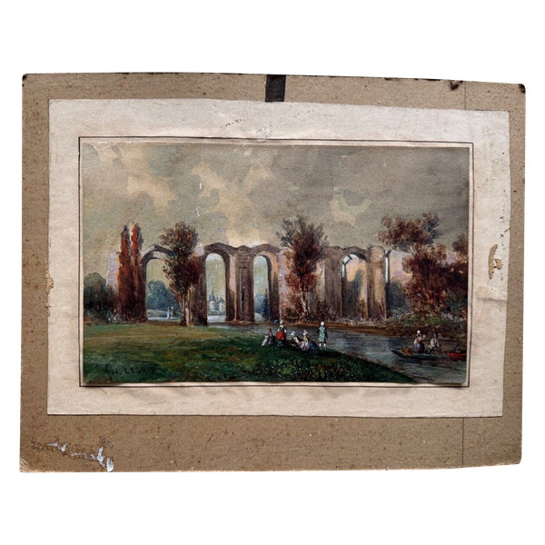 Aquarelle sur papier XIXe par Frédéric Legrip représentant un bord de canal