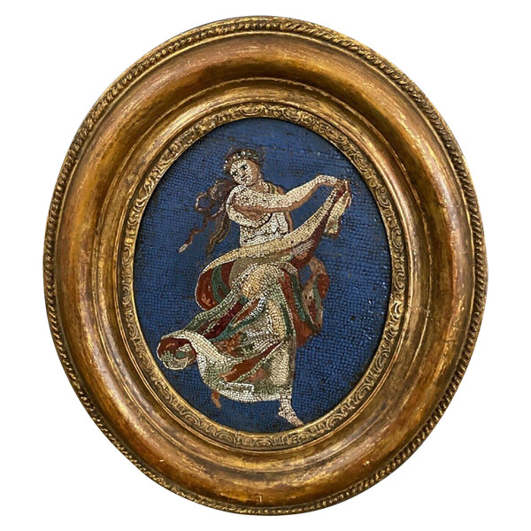 Placca in micromosaico danzatrice greca in cornice ovale antica del XIX secolo
