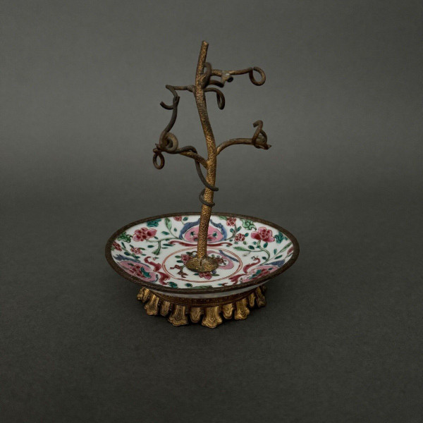19th century bronze watch holder with naturalist decor and porcelain cup China