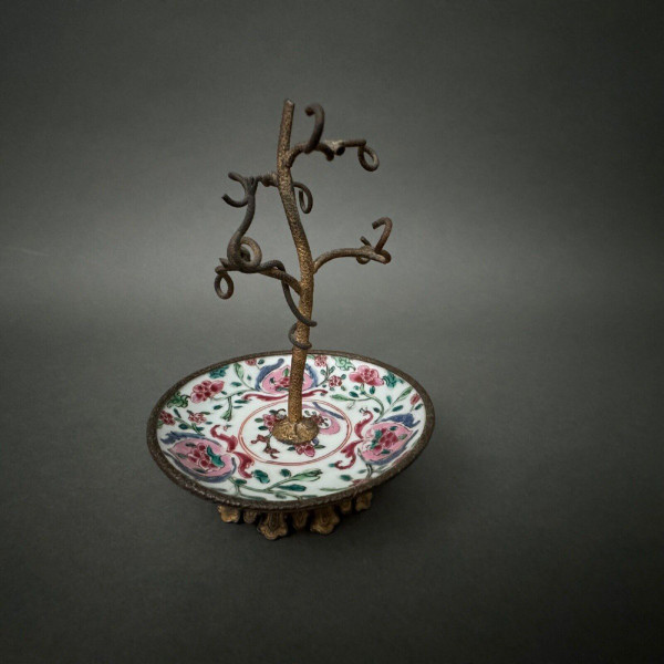 19th century bronze watch holder with naturalist decor and porcelain cup China